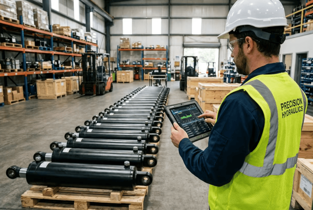 QC technician recording digital inspection data for hydraulic cylinders