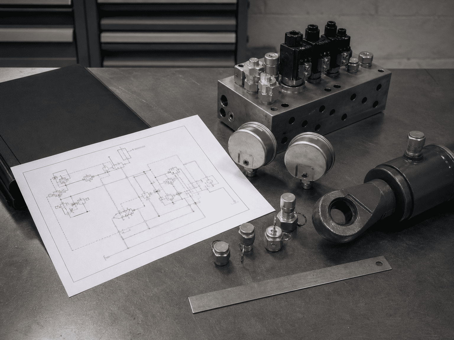 hydraulic circuit pressure review with schematic valve manifold gauges and cylinder mounting component